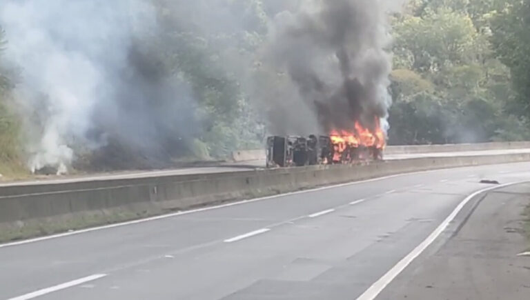 Caminhão bloqueia BR-376, após tombar e pegar fogo