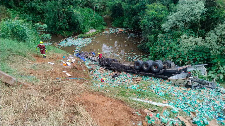 Motorista morre após caminhão capotar e cair no Rio Charqueada, na BR-376