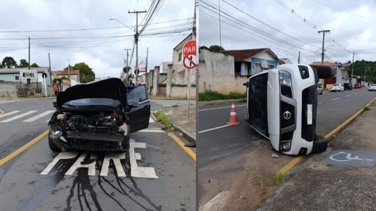 Colisão seguida de tombamento é registrada no cruzamento das ruas Apucarana e Bento Ribeiro